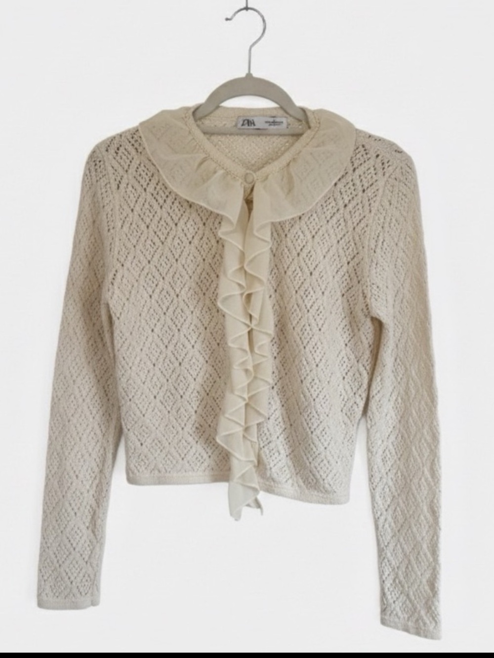 Zara Cream Pointelle Knit Ruffle Cardigan - Coquette/Cottagecore Style M